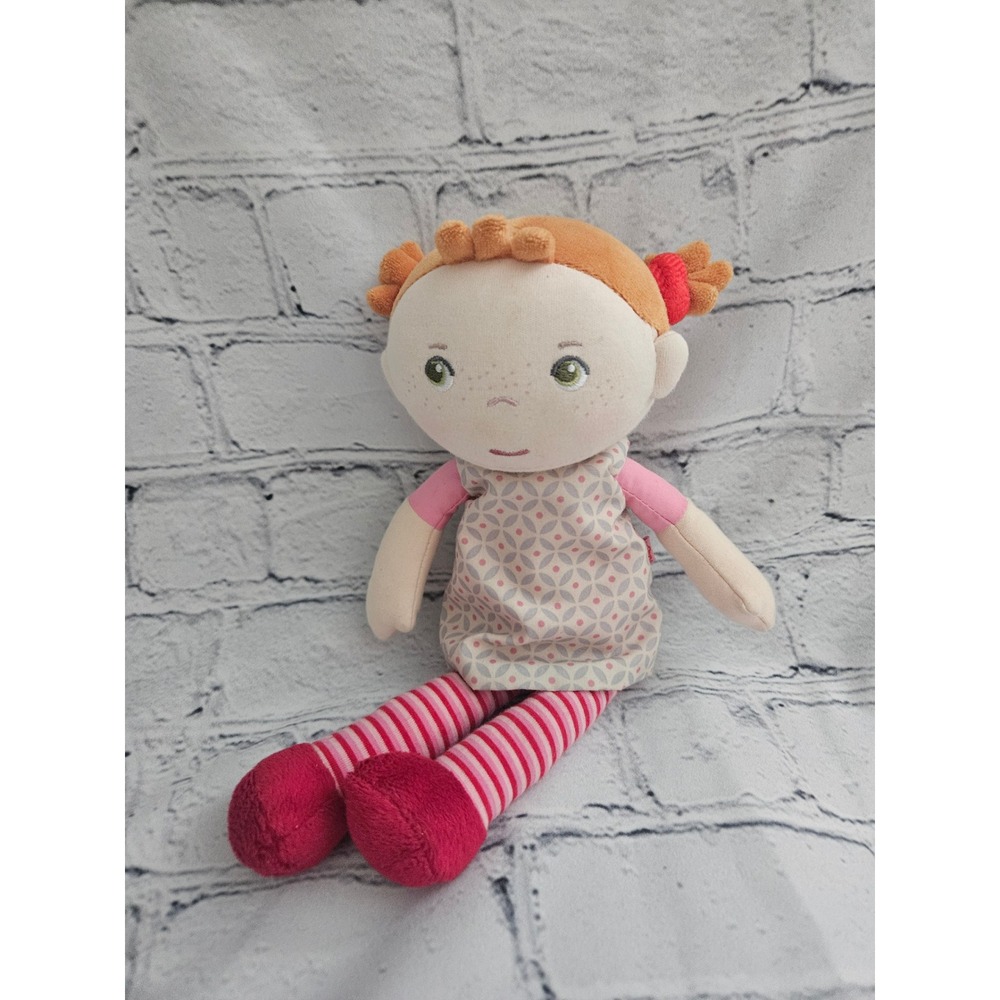 Haba Soft Rag Doll 12" Red Pigtails Freckles Pink Geometric Dress Stuffed Toy
